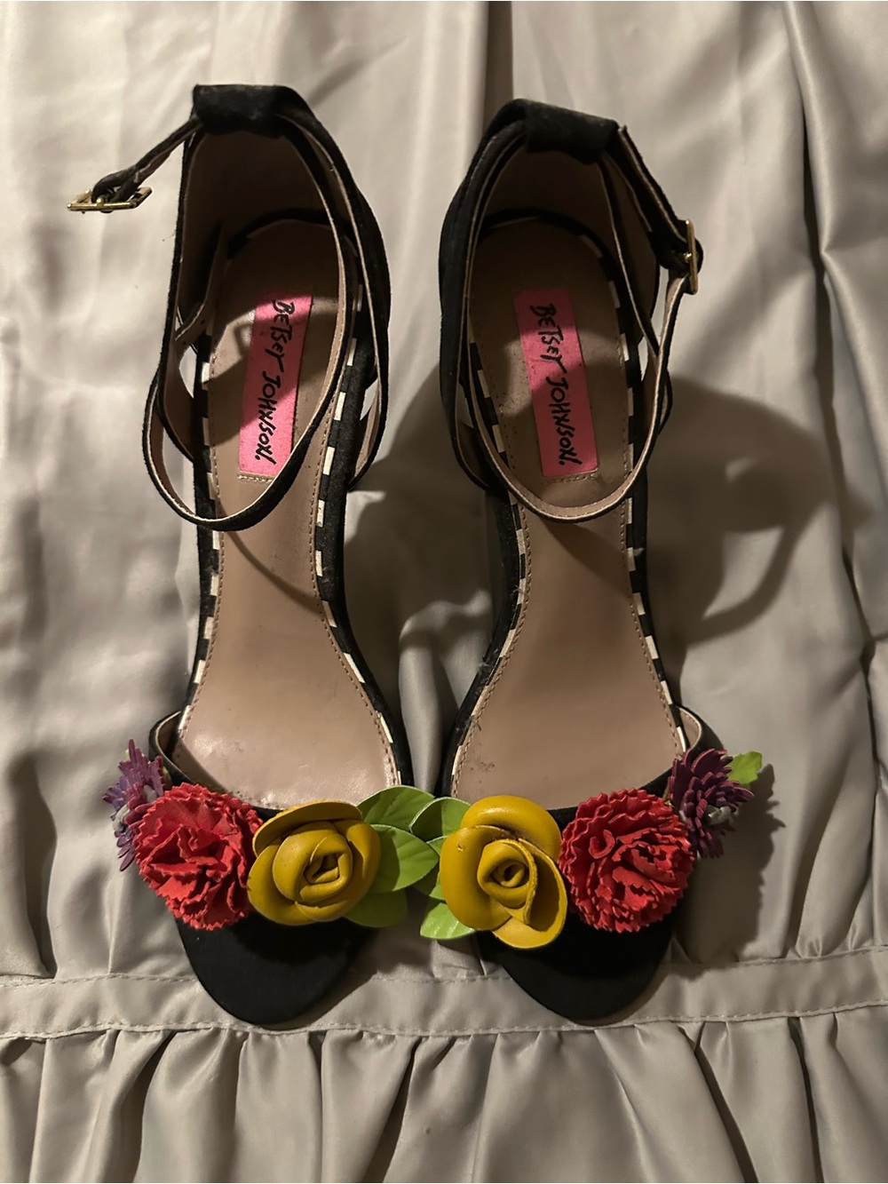 Betsey Johnson Black Ankle-Strap Heels with Yellow & Red Floral Accents.4in Heel